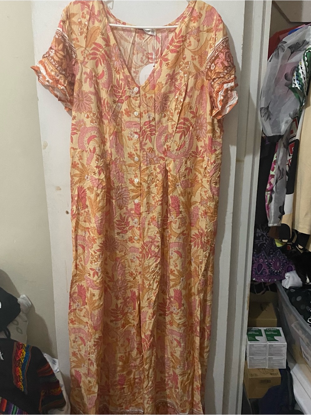 Peach and Pink Floral Button-Front Maxi Dress
